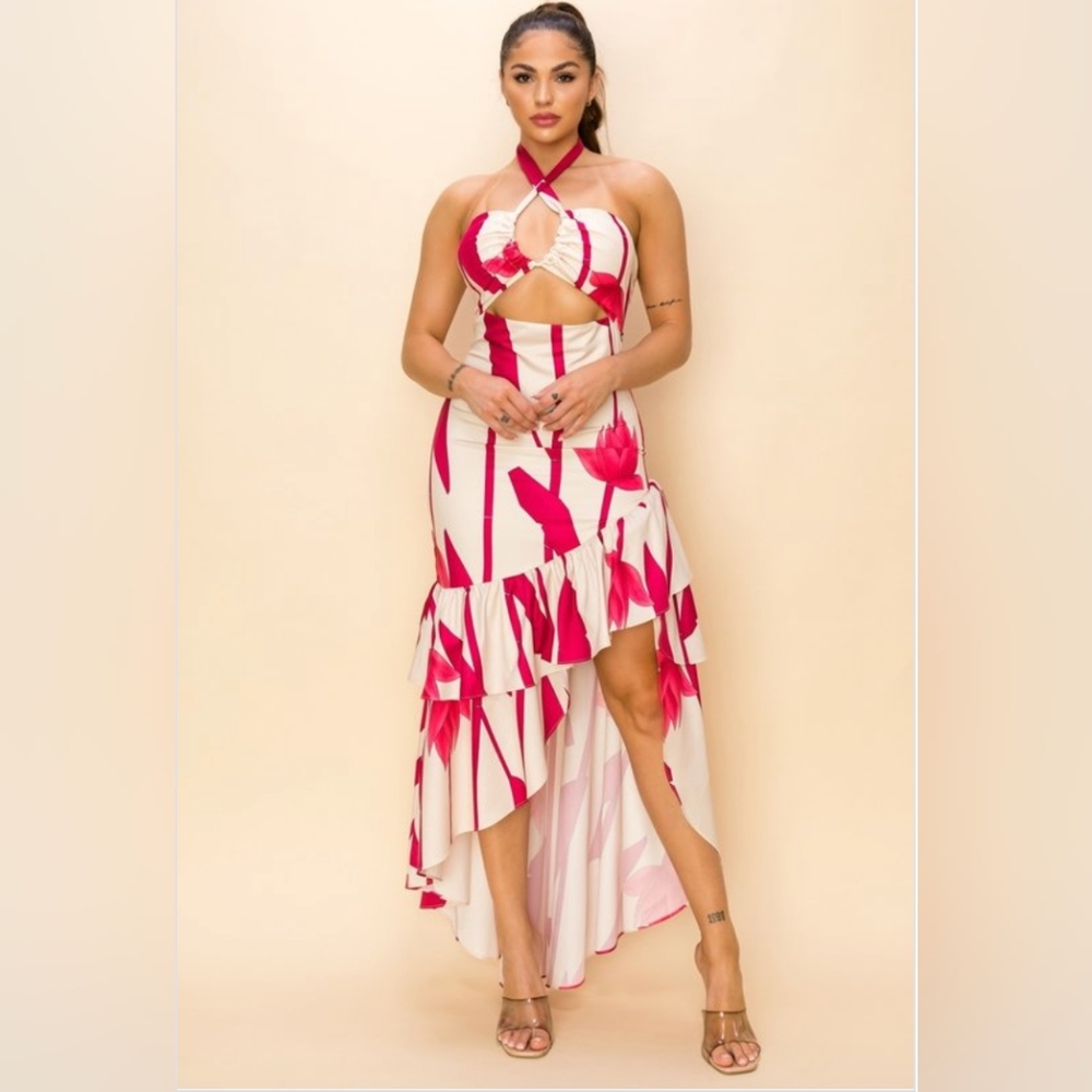 Elegant Summer Pink and White Halter Dress